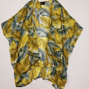 Free Press Yellow/Teal Tropical Leaf Cardigan (OS)